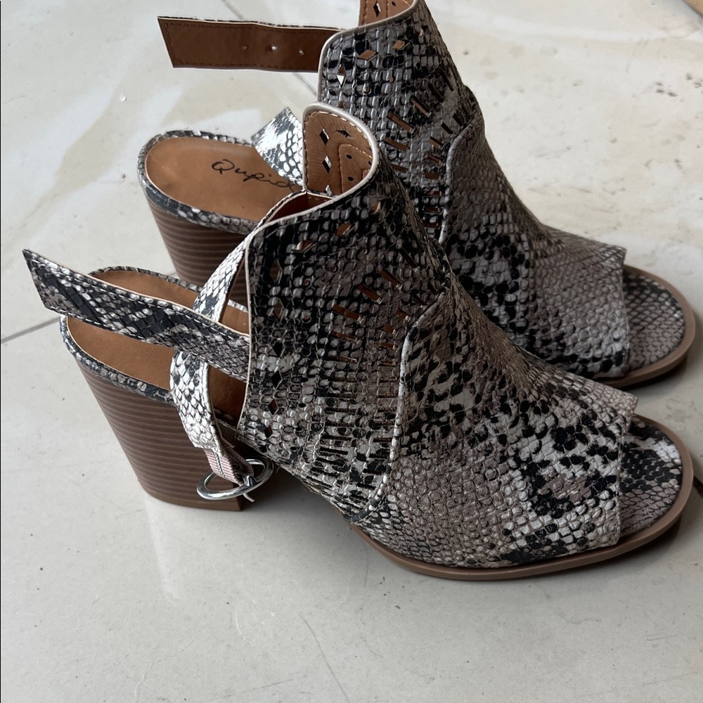 Qupid Snakeskin Heeled Sandals - Black and Brown